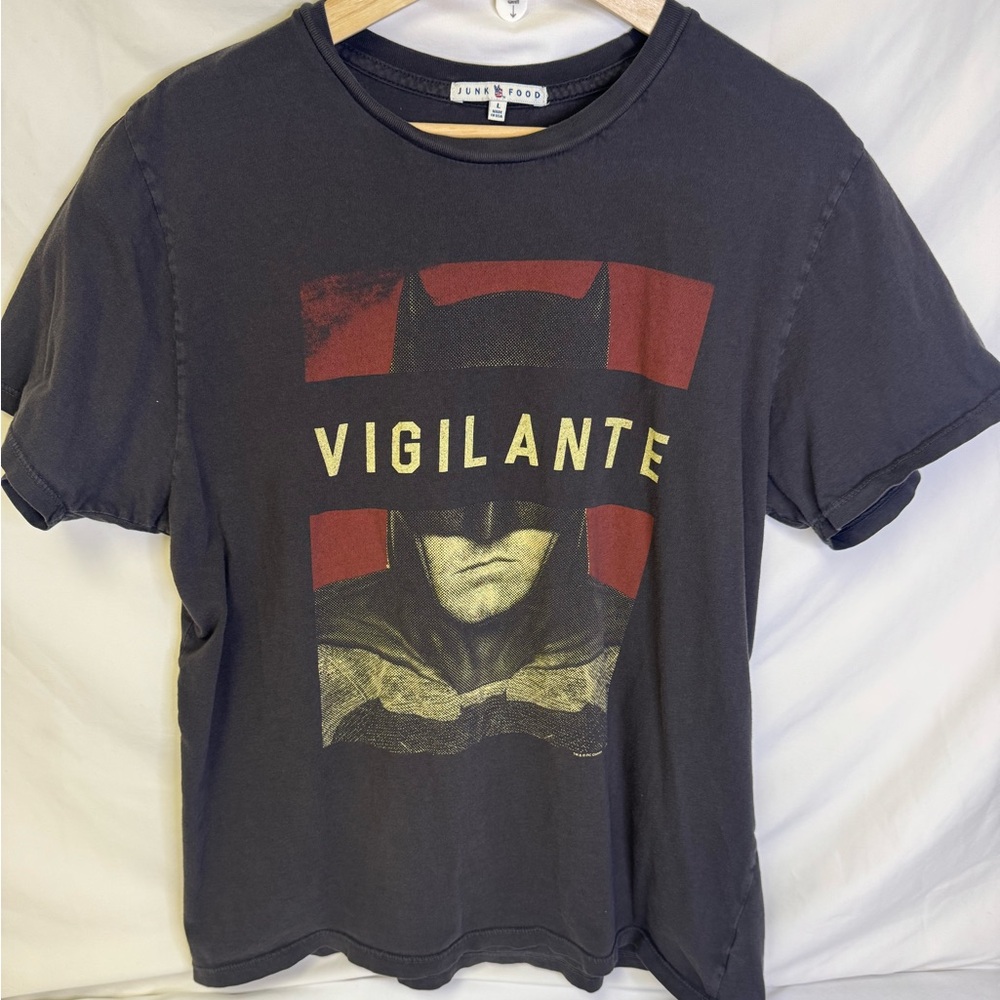 Junk Food Clothing Black Vigilante Graphic Tee with Red and Yellow Accents